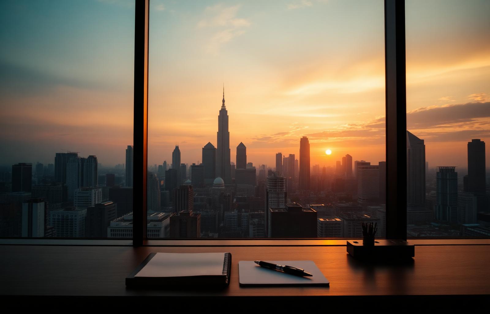 Jakarta skyline at sunset viewed from a creative agency office window