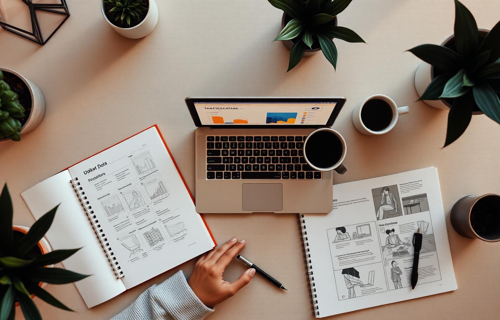 Overhead flat-lay of a creative digital agency workspace with laptop, sketchbook, and analytics dashboard