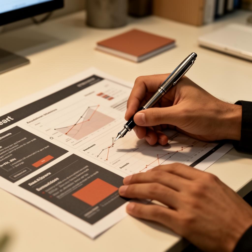 Tangan sedang menulis catatan di atas laporan analytics digital marketing tercetak