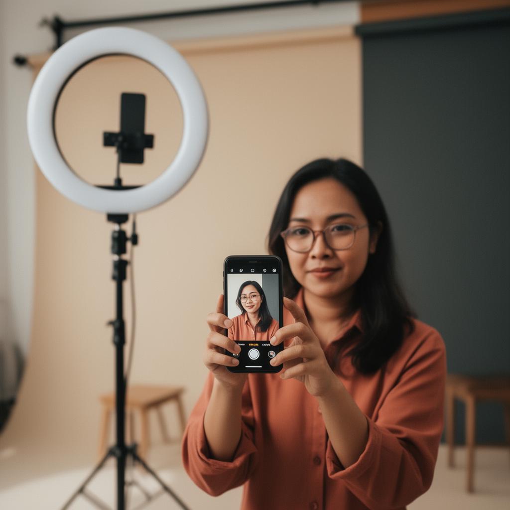 Creator merekam video vertikal dengan smartphone di depan ring light