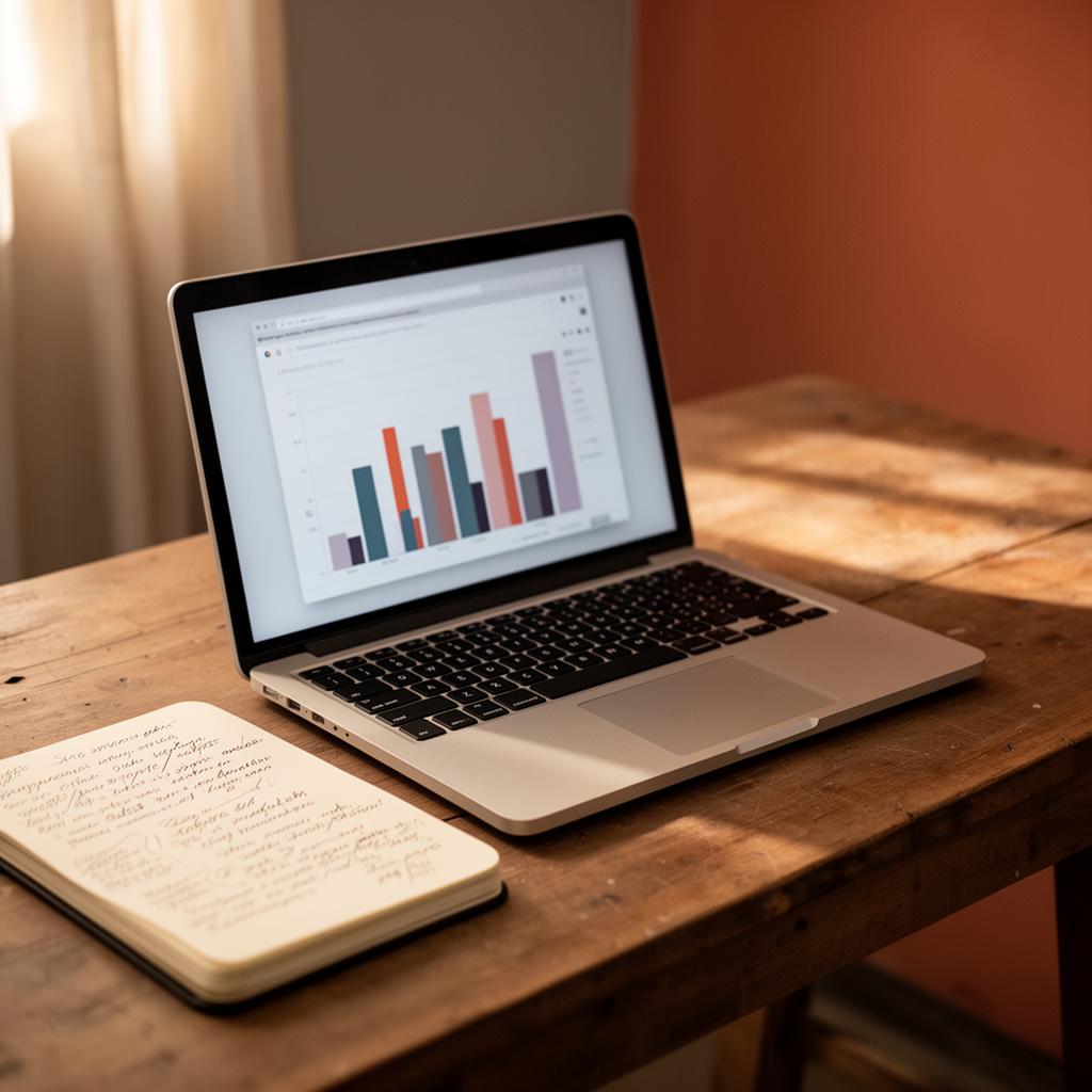Laptop menampilkan grafik ranking pencarian dengan catatan strategi SEO di buku catatan