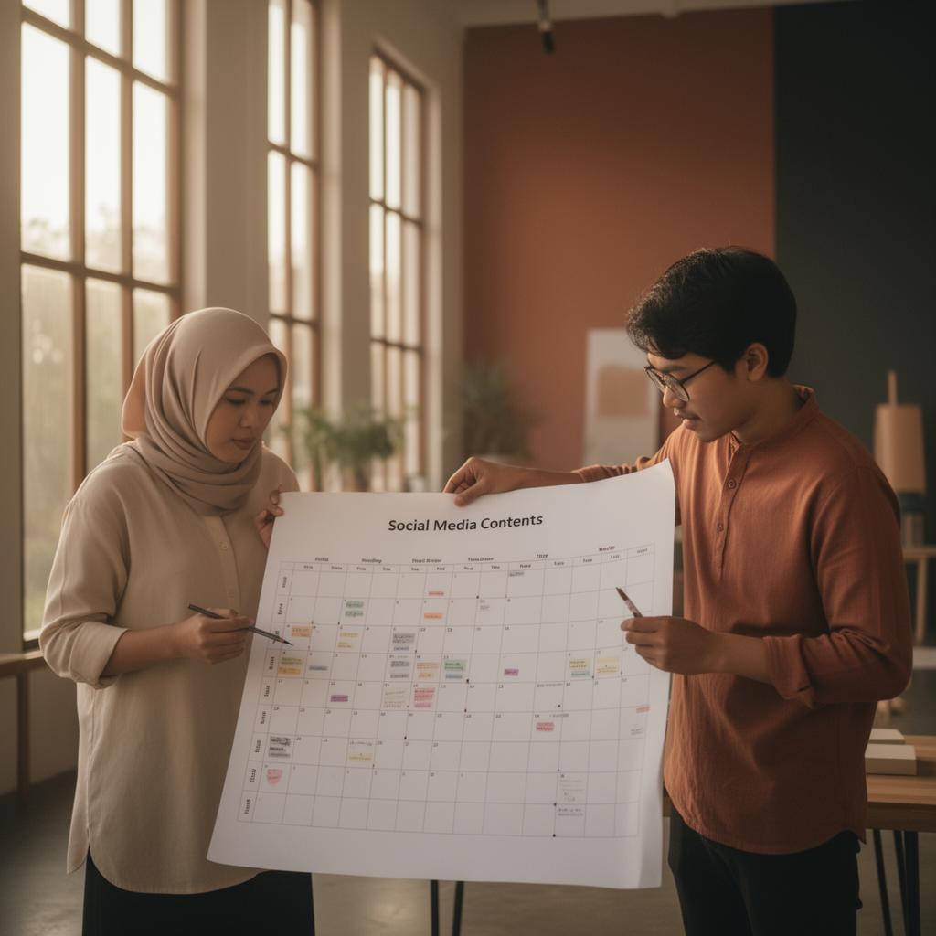 Tim social media management Jakarta sedang meninjau kalender konten editorial yang dicetak