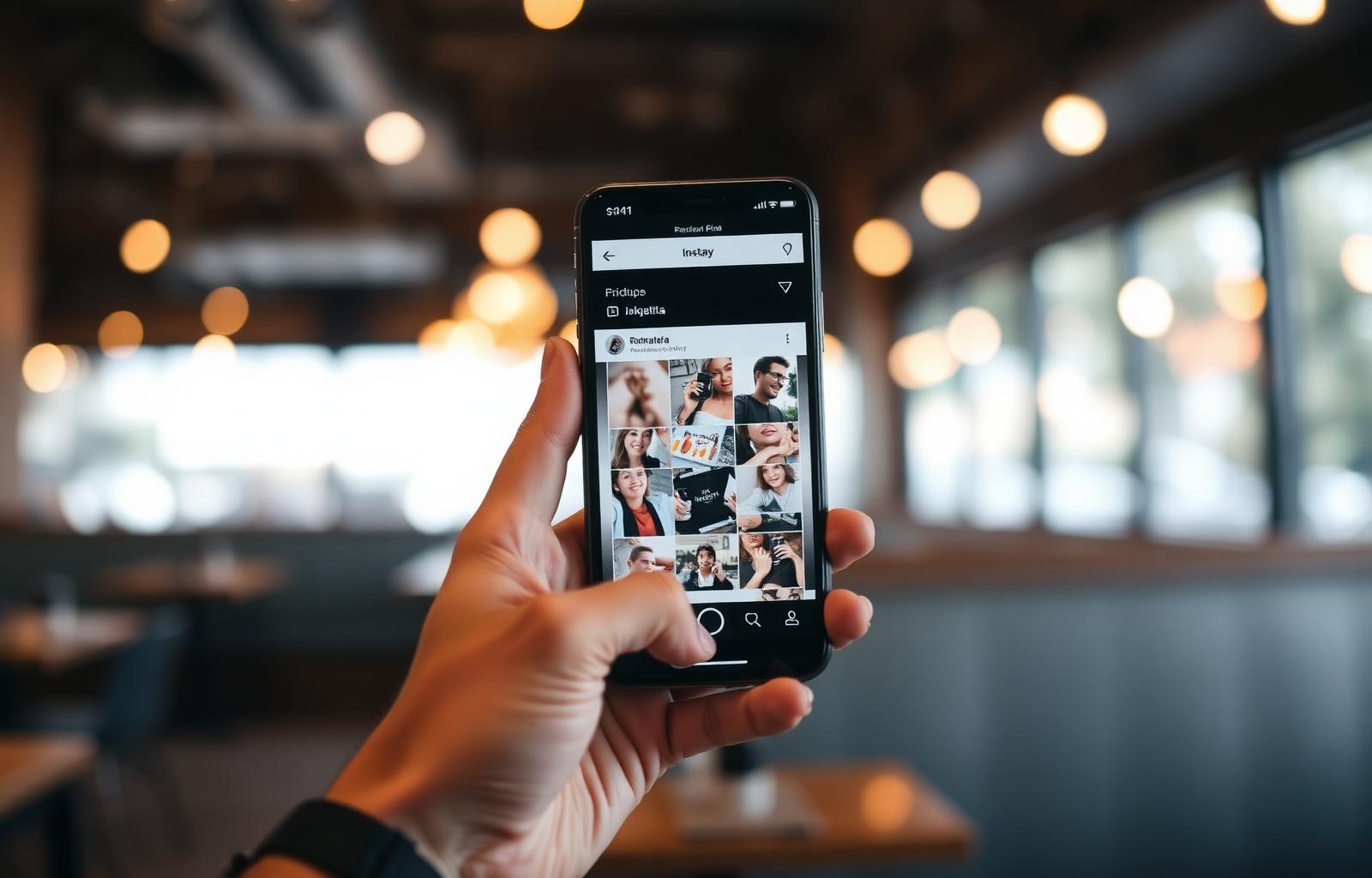 Hand holding a smartphone showing a social media grid in a warmly lit Jakarta cafe